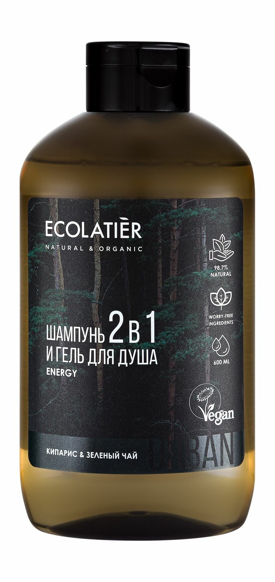 ECOLATIER Гель для душа и шампунь 2 в 1 Кипарис & Зеленый Чай мужской, 600 мл