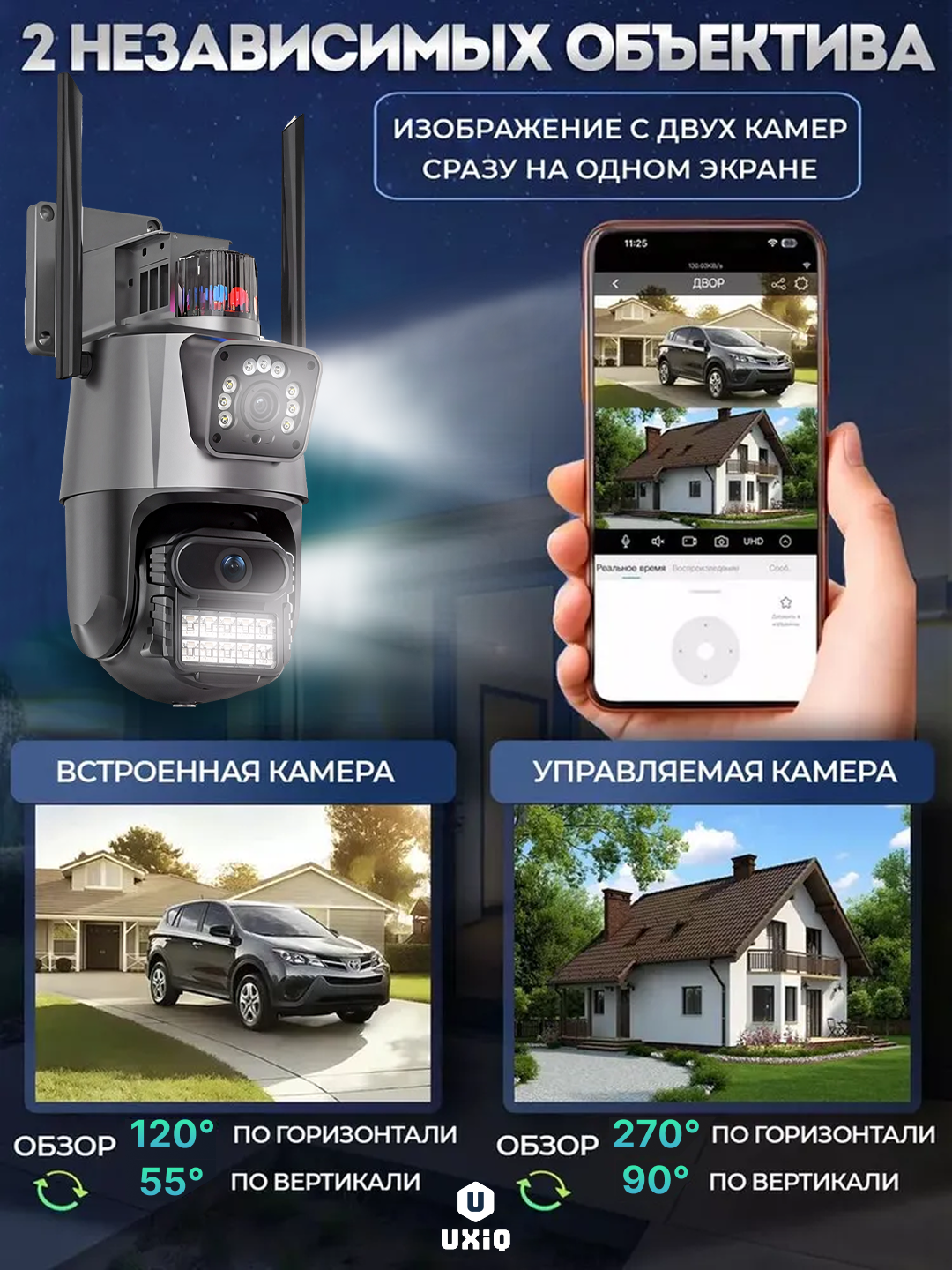 Уличная камера видеонаблюдения WiFi UXiQ Smart Camera Alert P11S-6MP, двухобъективная, беспроводная с ночным видением и датчиком движения — фото 1