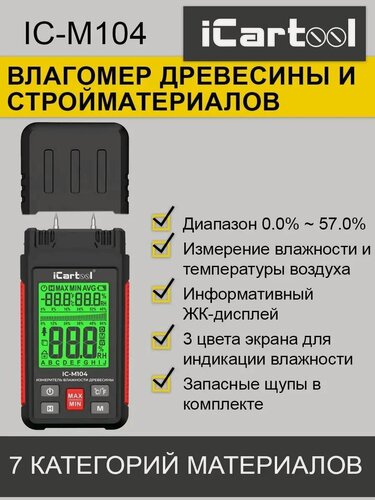 Изображение товара Электронный измеритель влажности древесины и строительных материалов, гигрометр iCartool IC-M104