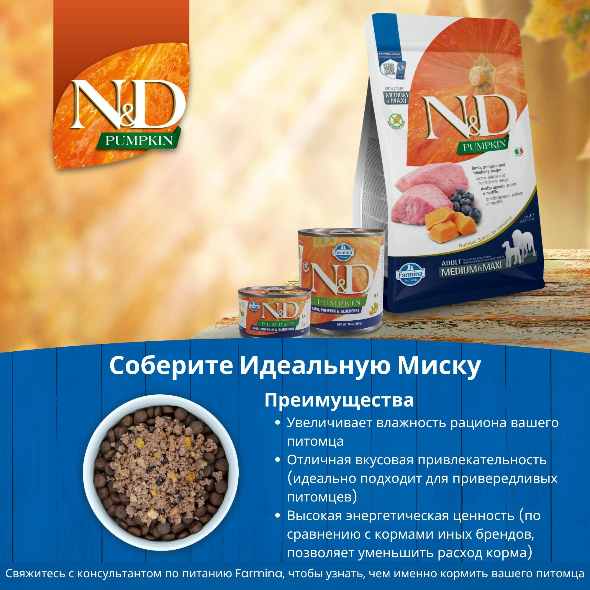 Farmina ND Pumpkin Н&Д Тыква С ягненком и черникой Для щенков Мини 800 г — фото 1