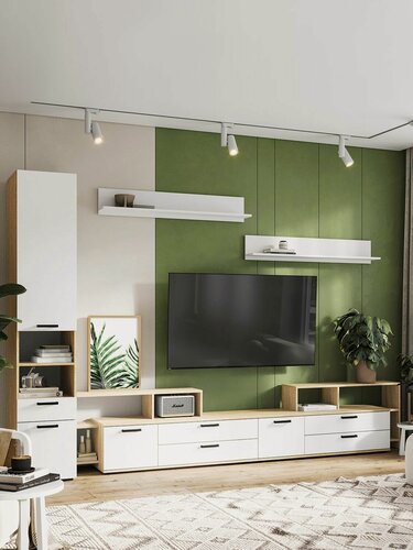 Изображение товара Гостиная комплект Санса, стеллаж, ТВ-тумба, 320x50x210 см, Дуб Сонома / Белый