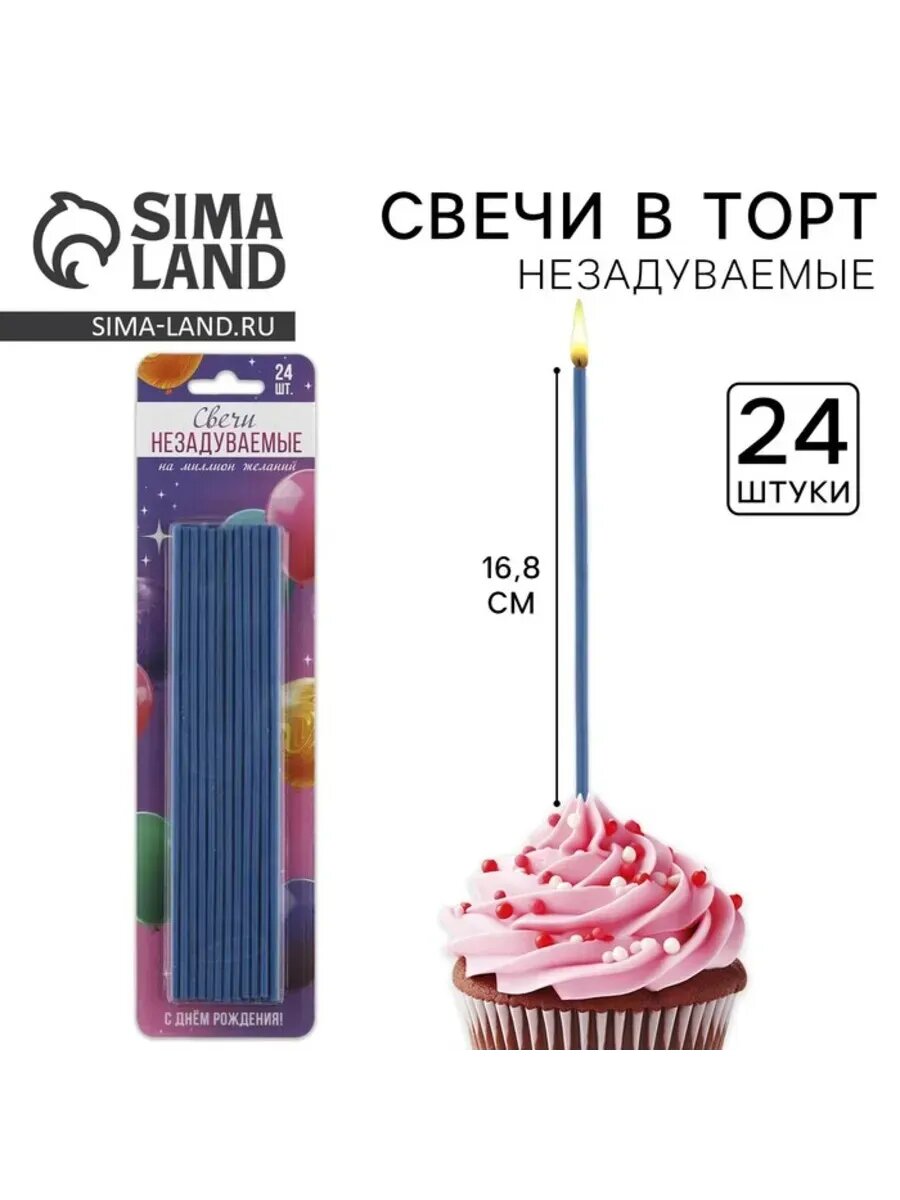Голубые незадуваемые свечи для торта 24 см