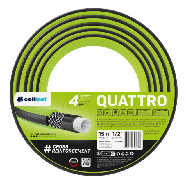 Шланг садовый CELLFAST Quattro  армированный  1 2 дюйма  15 метров  20 Бар
