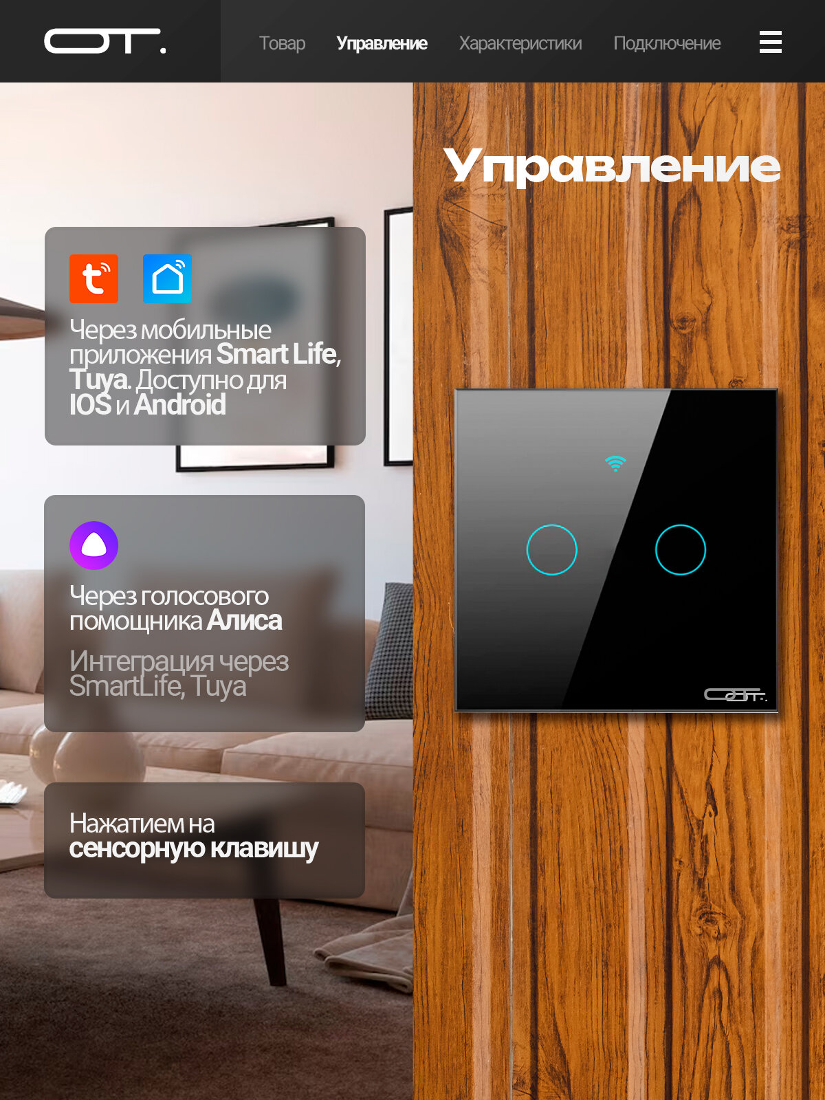 Умный выключатель с Алисой двухклавишный Wi-Fi 10A Орбита OT-HOS12 — фото 1