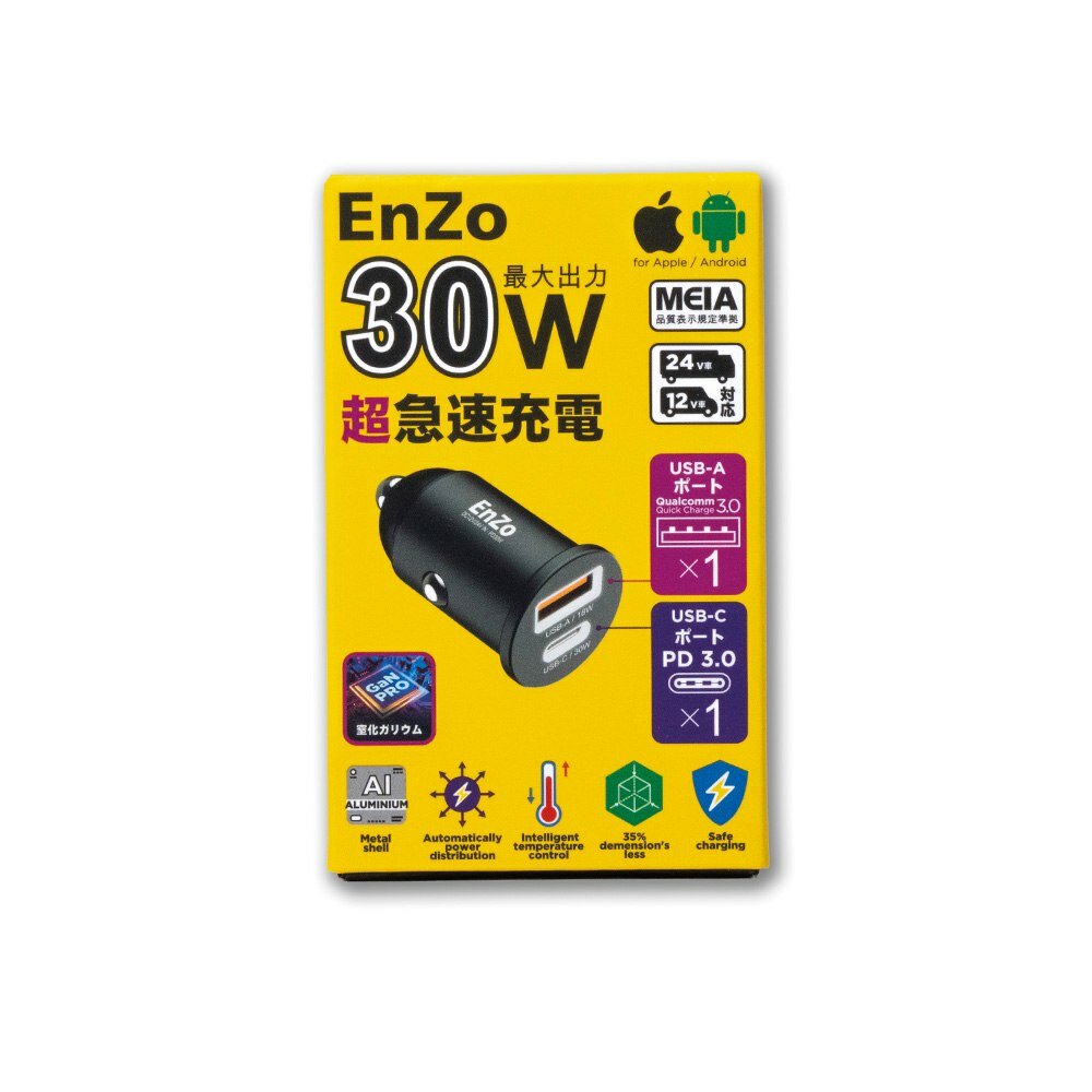 Автомобильное зарядное устройство EnZo GaN PRO USB Type-C+А 65W DC12/24V PD/QC черный ACH-118