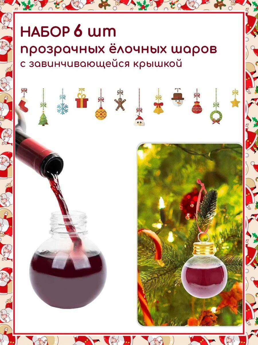 Алкошарики на елку, набор прозрачных шаров с закручивающейся крышкой, герметичные 100 мл 6 штук — фото 1