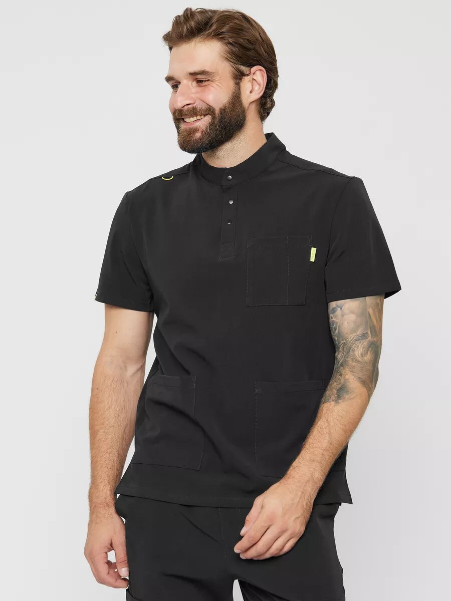 Костюм медицинский SCRUBS, мужской, черный, топ: поло, брюки: джоггеры — фото 1