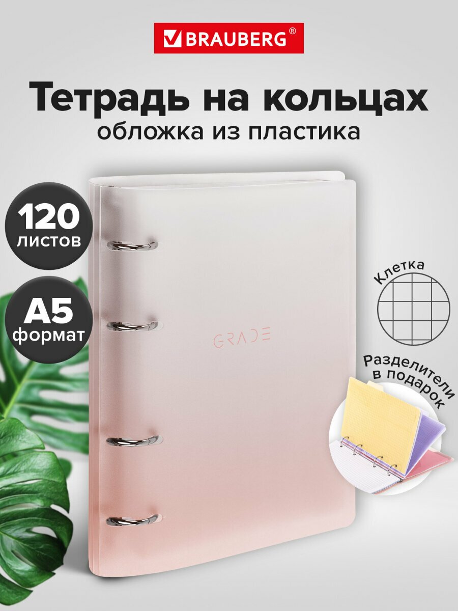 Тетрадь на кольцах со сменным блоком А5 175х220 мм, 120 листов с разделителями, Brauberg, Красный, 404630