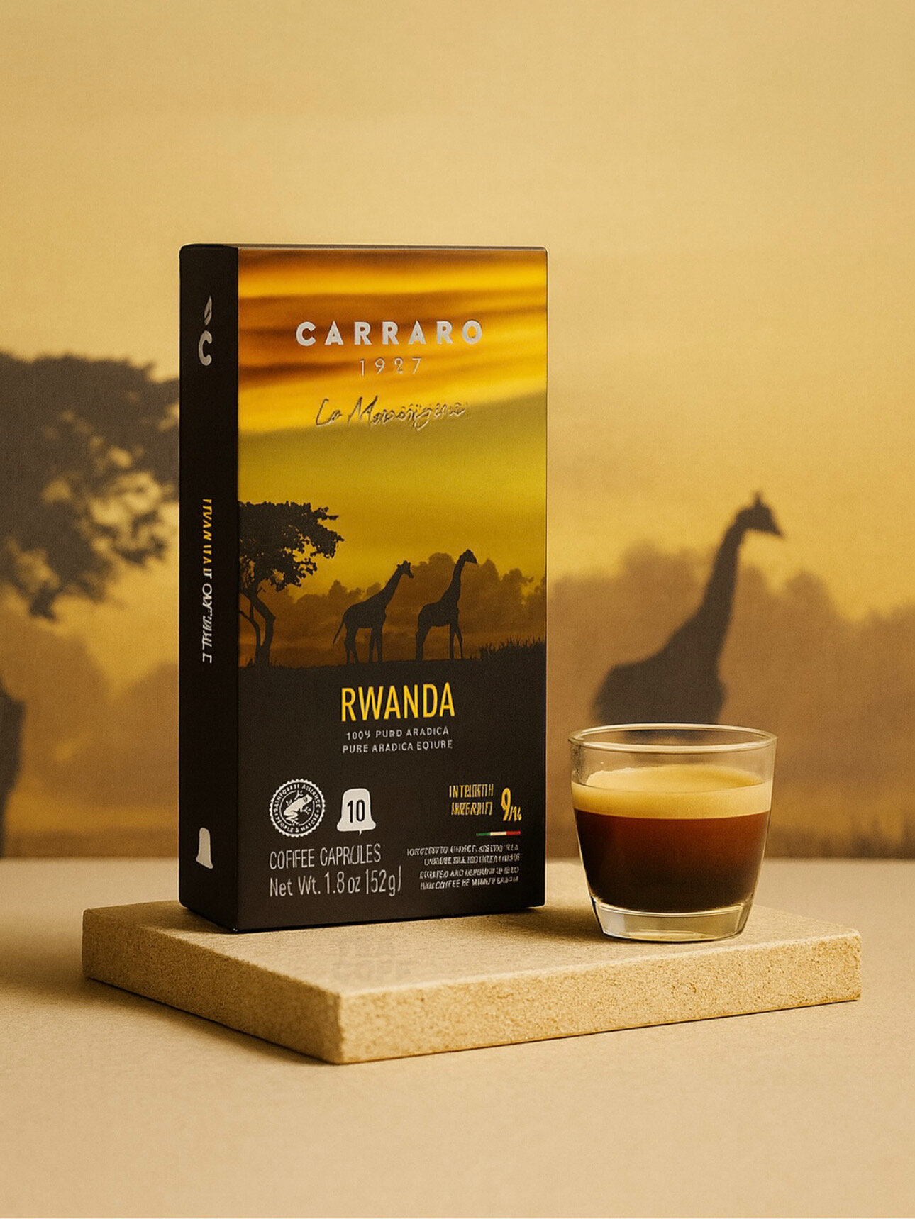 Кофе Carraro Rwanda Nespresso, 10 капсул, 100% арабика. Средняя обжарка, интенсивность 9. Произведено в Италии.