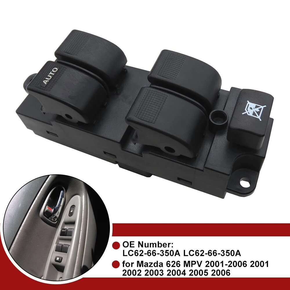 Кнопка управления стеклоподъемником для Mazda MPV 626 (2001-2006), левая, сторона водителя, LC62-66-350A, LC6266350A