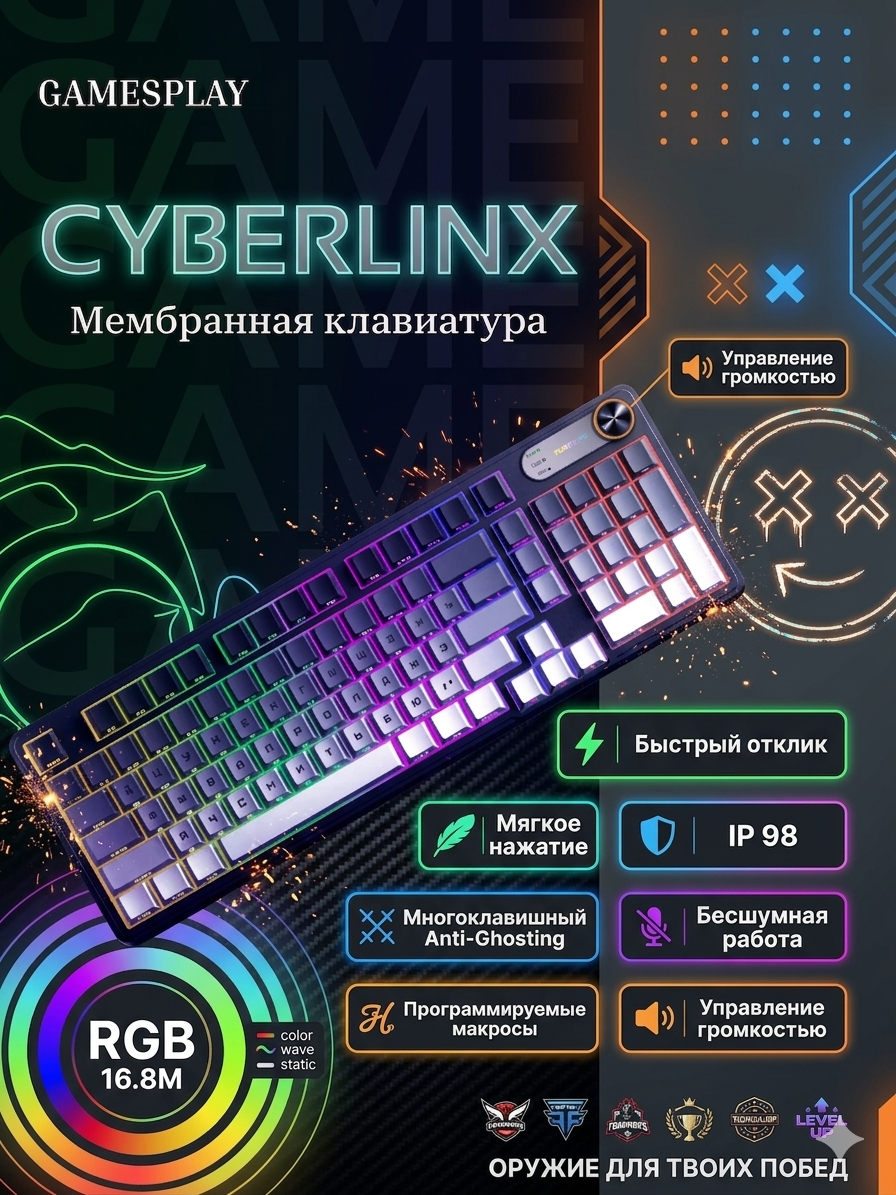 Мембранная игровая клавиатура Furycube IP98 SIDE PRINT, водонепроницаемая, игровая, черно-серый градиент, Double-Shot
