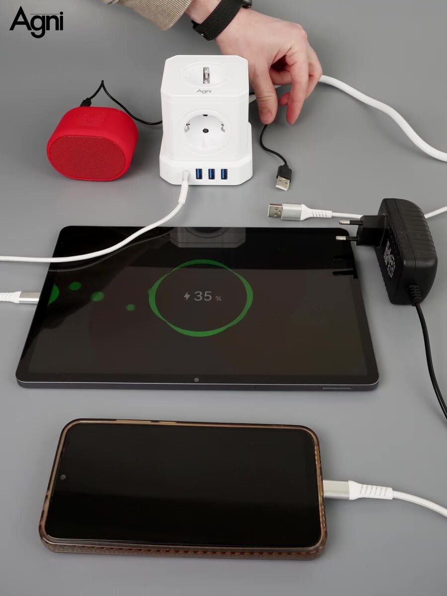 Сетевой фильтр с заземлением AGNI 5 розеток 220V, 3 USB 2.4A, 1 TYPE-C 20W (быстрая зарядка), 16A / 4000Вт 2м белый — фото 1