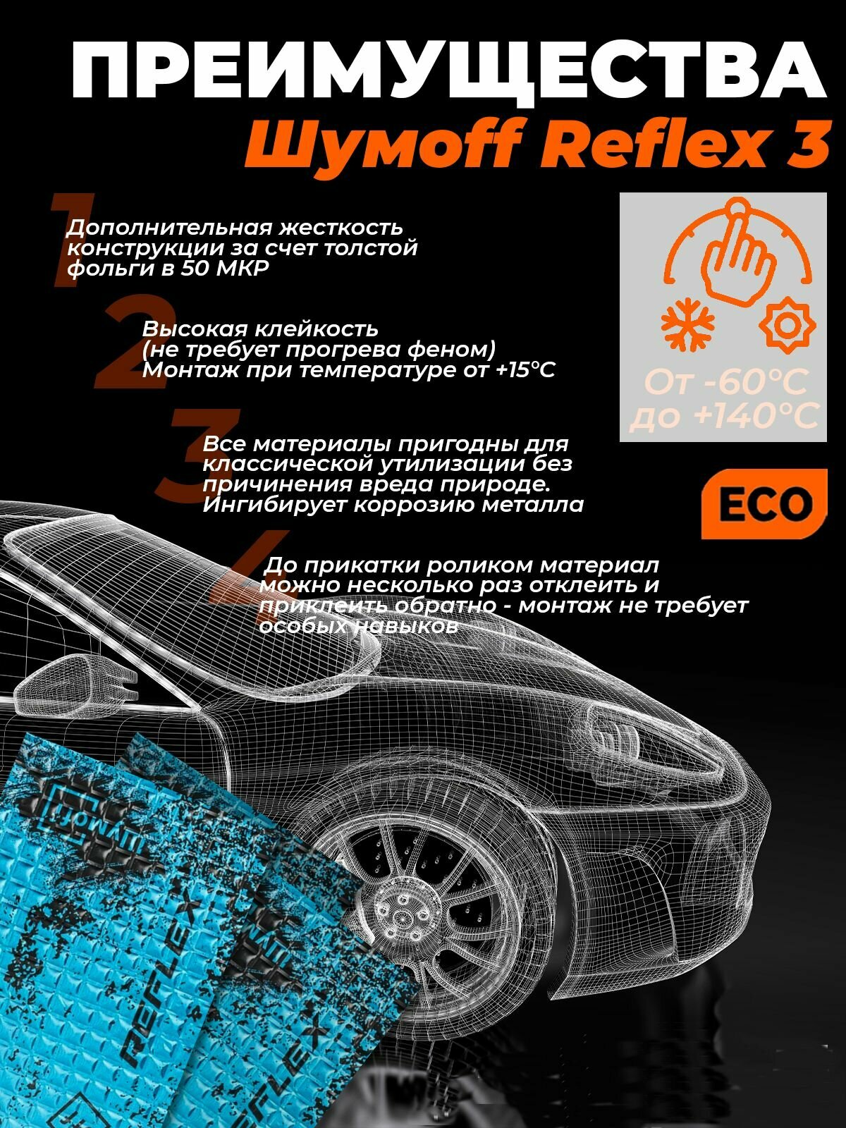 Шумофф Reflex 3 - 30 листов 37.5 см х 23 см Виброизоляция для автомобиля - для пола, дверей, капота, багажника - толщина 2.7 мм — фото 1