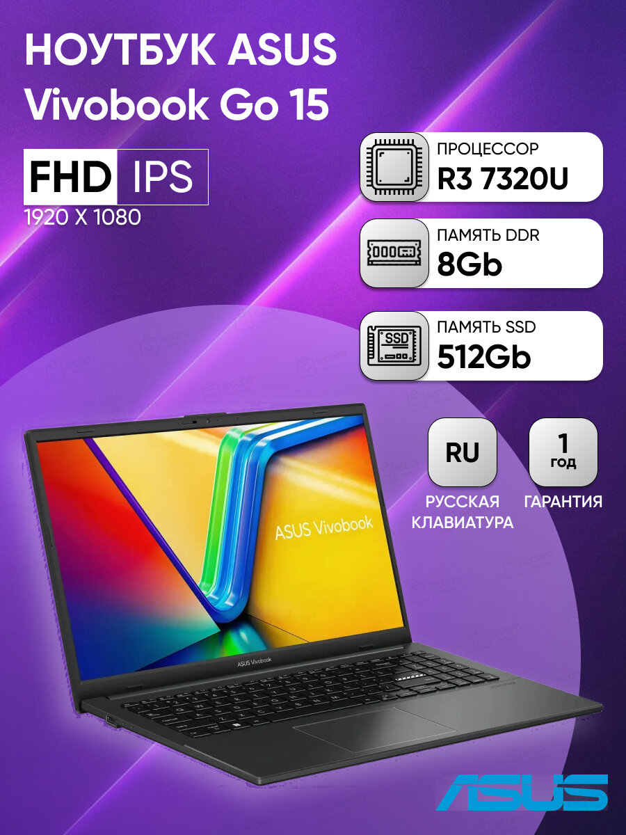 Ноутбук ASUS Vivobook Go 15 E1504FA-BQ052 15.6" FHD IPS 250N/R3-7320U/8/512 SSD/DOS/Mixed Black
