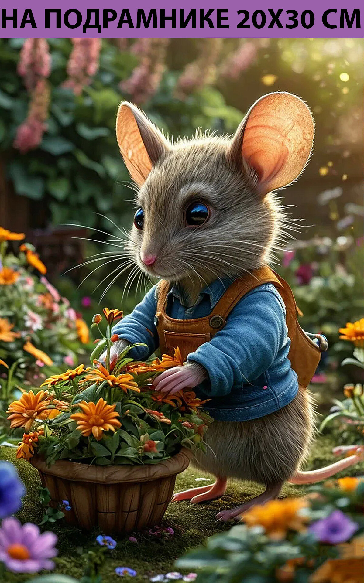 Алмазная мозаика на подрамнике 20х30 Мышка с цветами, алмазная вышивка на подрамнике 20х30 Цветы, картина стразами