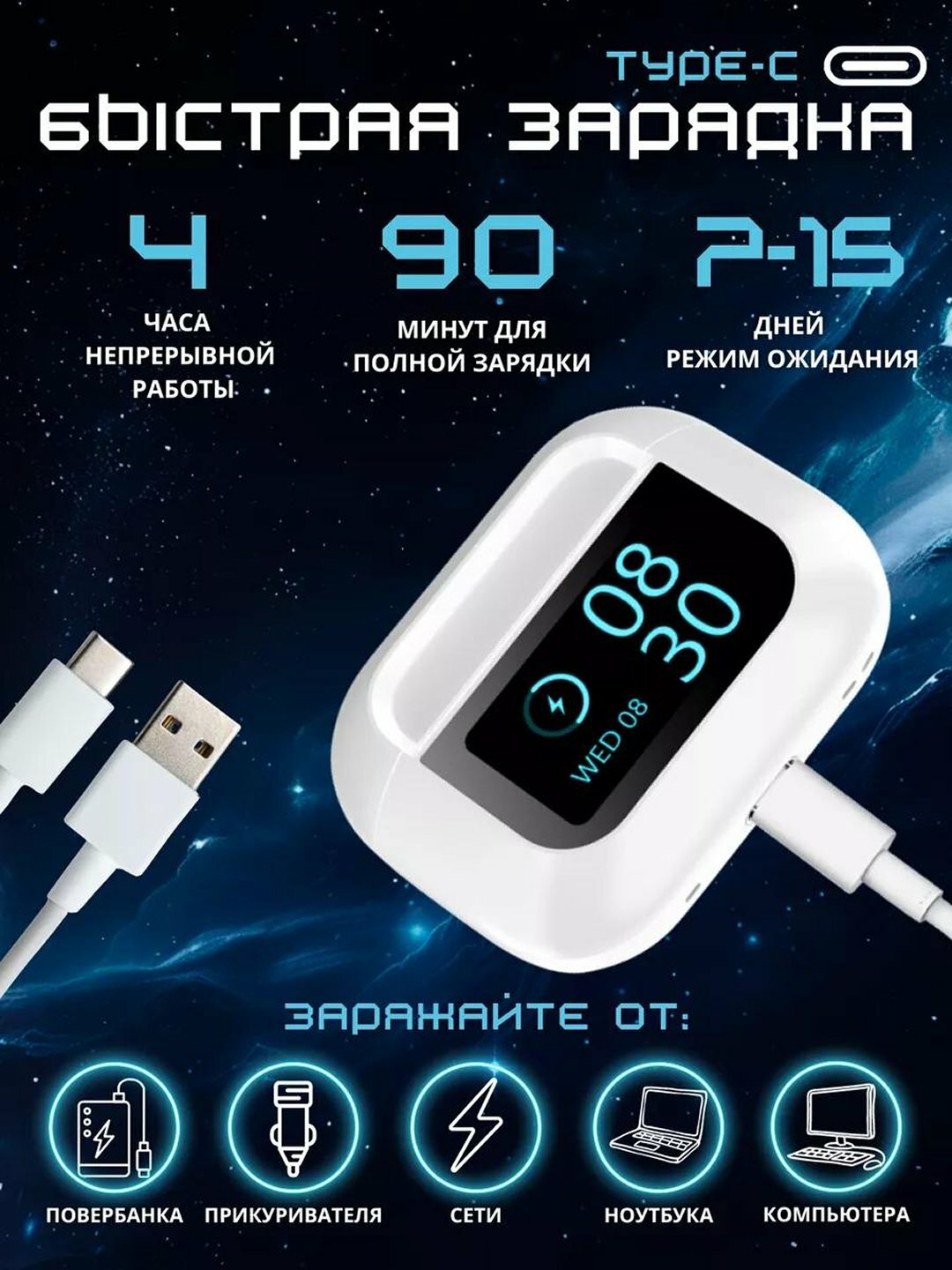 Беспроводные наушники-вкладыши с дисплеем, Ar Pods Pro 2, активное шумоподавление, сенсорный экран, белые наушники — фото 1