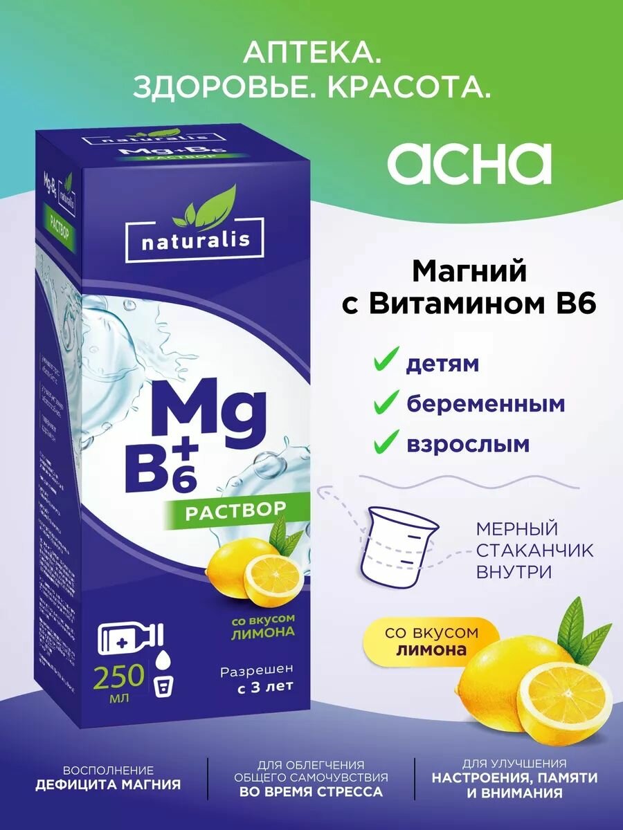 Магний в6 для восполнения дефицита магния, для нервной системы, сна, памяти для взрослых и детей с 3х лет БАД от стресса, 250 мл