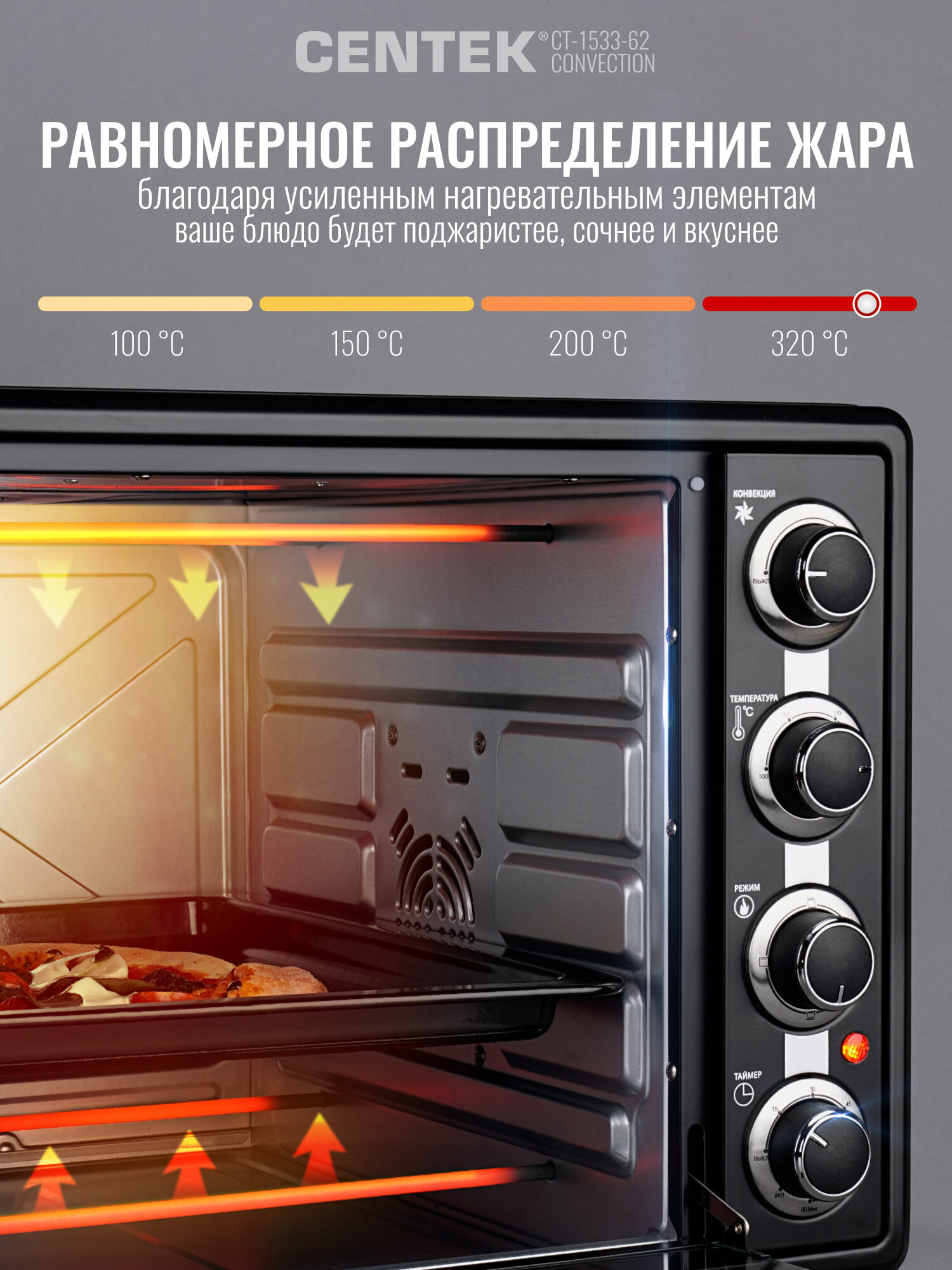 Мини печь Centek CT-1533-62 Convection, 62 л, 2200 Вт, 5 режимов, Таймер, С конвекцией. — фото 1