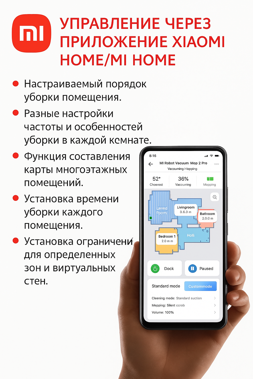 Робот-пылесос XIAOMI Mi Robot Vacuum-Mop 2 Pro Black EU BHR5204EU — фото 1