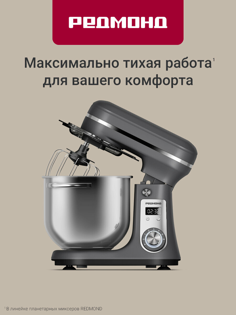Миксер кухонный РЕДМОНД FM605, планетарный, нержавеющая сталь, серый, мощность 1000Вт