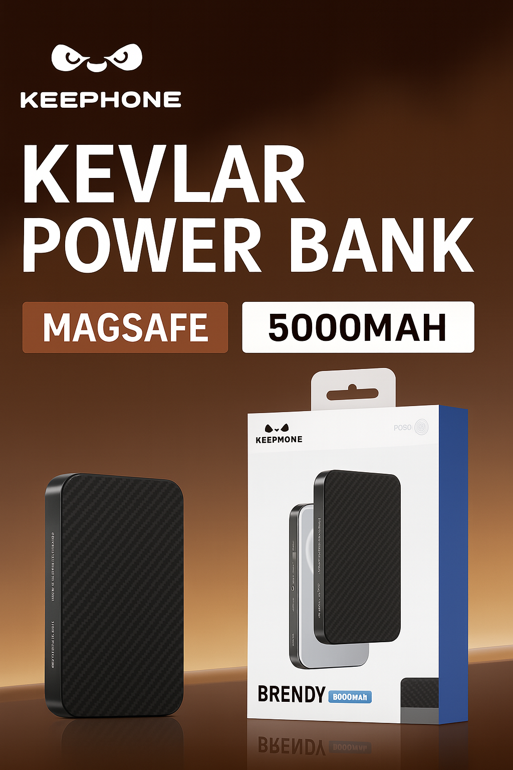 Внешний аккумулятор Keephone Kevlar Brendy MagSafe Power Bank 5000 mAh для iPhone, 20/15w- Черный