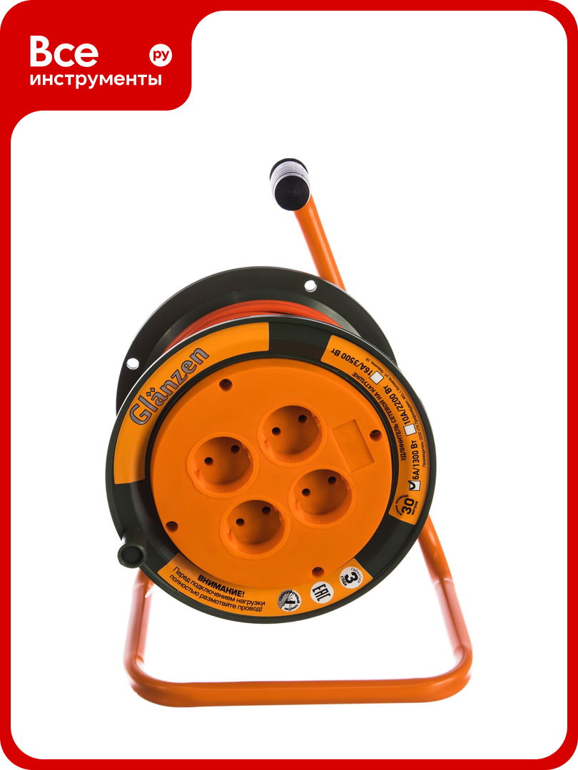 Силовой удлинитель на катушке GLANZEN 30 м 4 гн. ПВС 2х075 EB-30-002