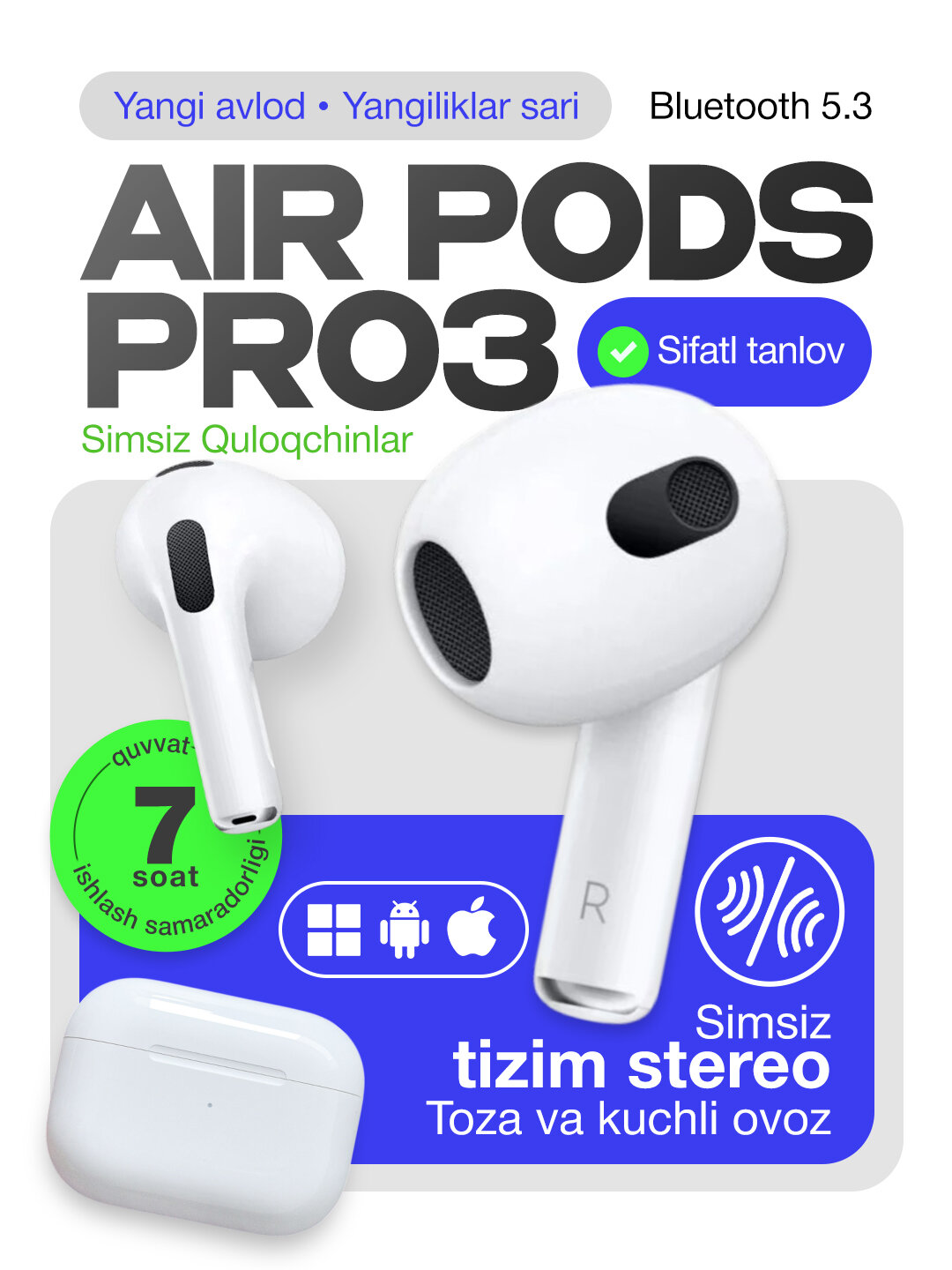 Наушники AirPods 3 Hi-Tech, беспроводные, влагозащита, Hi-Fi, белые