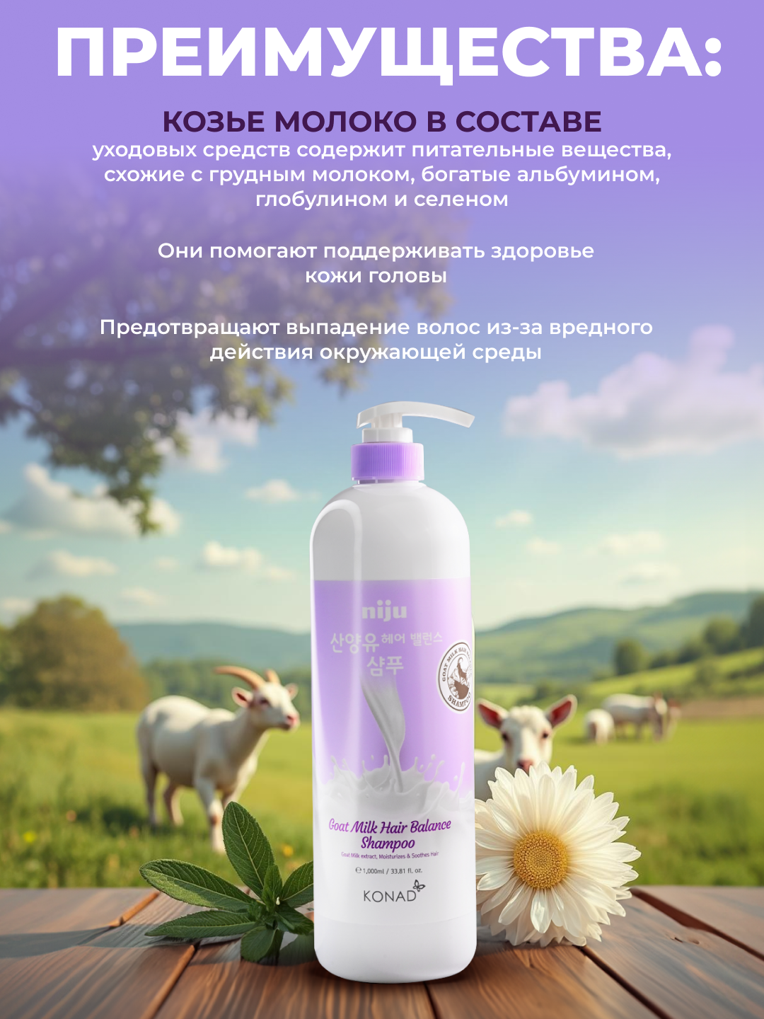 Изображение Konad Niju Goat Milk hair Balance Shampoo Балансирующий Шампунь для блеска и объема волос с козьим молоком, 1000 мл