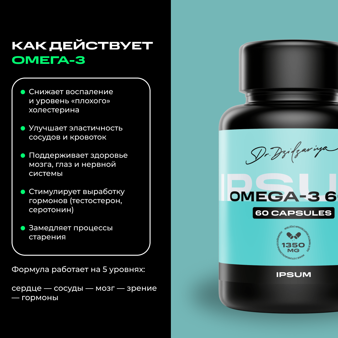 Омега 3 витамины / Omega 3 БАД, витамины жирные кислоты IPSUM 60 капсул — фото 1