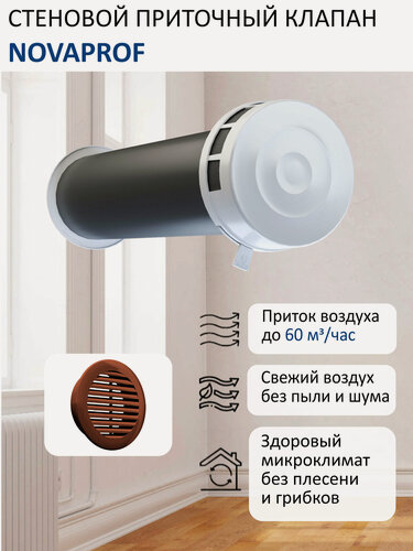 Изображение товара Приточный клапан стеновой NovaPROF КИВ-125 с круглым оголовком, с трубой 0,5 м, решеткой RAL8017