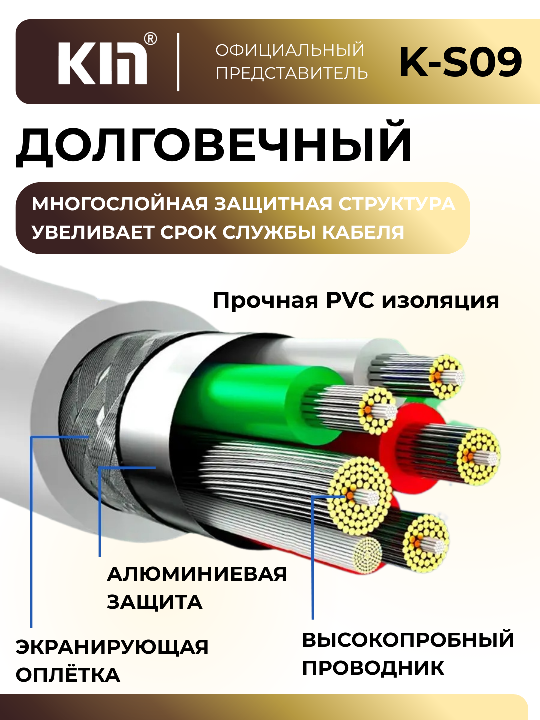 Кабель KIN K-S09, Type-C, 2.4A, 1м, нейлоновая оплётка (Чёрный) — фото 1