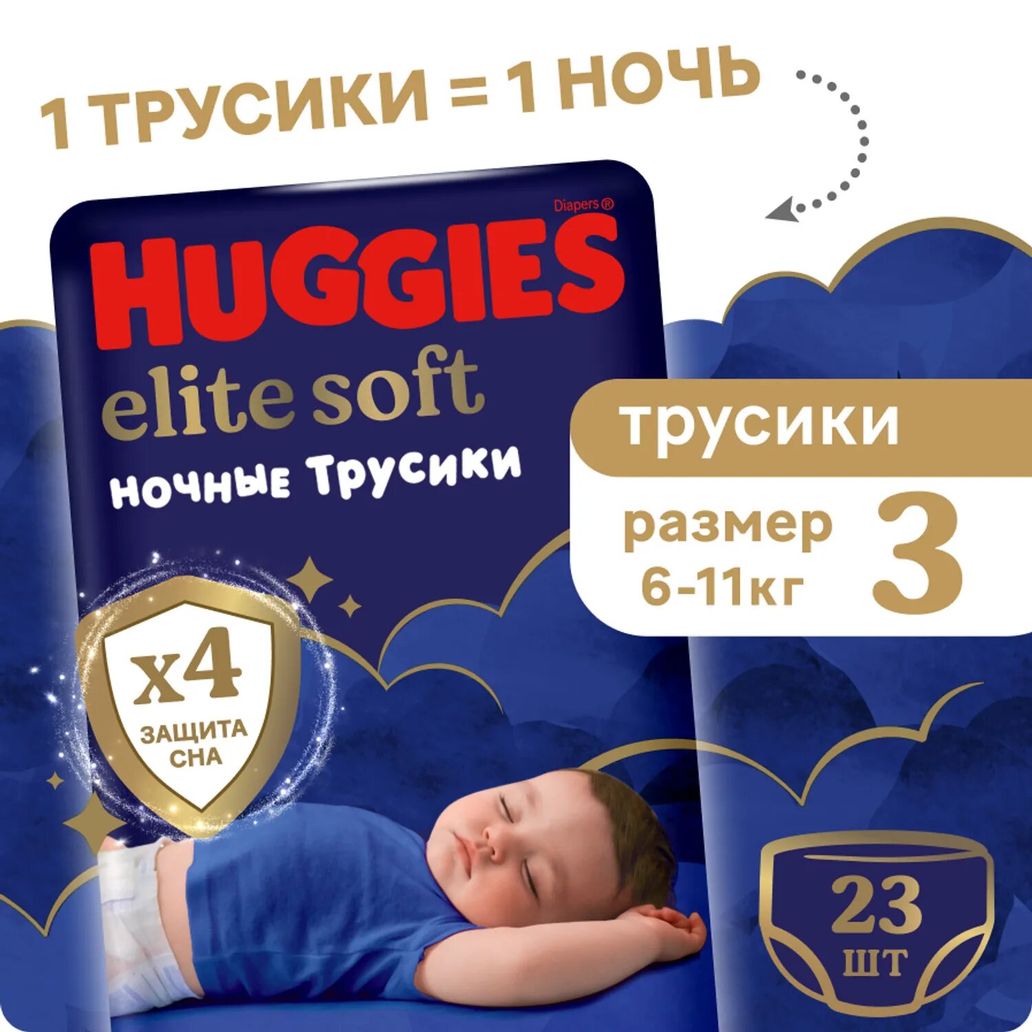 Ночные трусики-подгузники Huggies Elite Soft, 3, 23 штук, 6-11 кг.