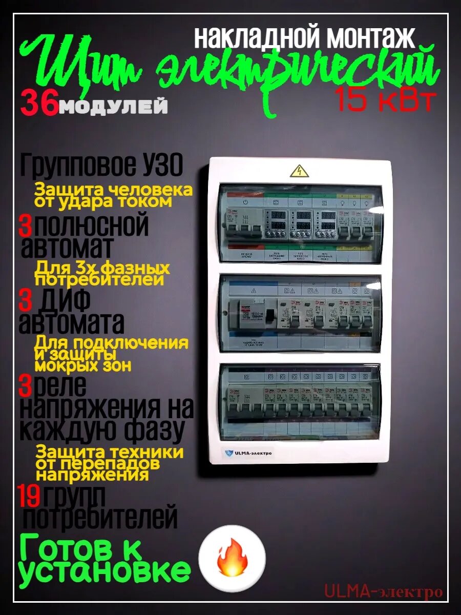 Щит электрический в сборе 15кВт. Накладной.