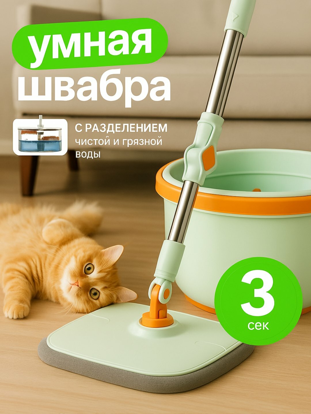 Умная швабра из микрофибры c ведром, моет только чистой водой, 2.5 л