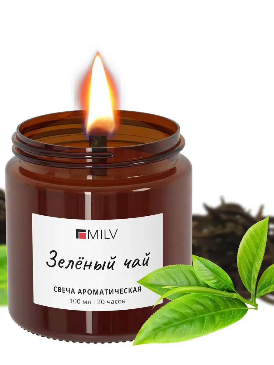 MILV Свеча ароматическая с деревянным фитилём "зелёный ЧАЙ" 100 мл, до 20 час