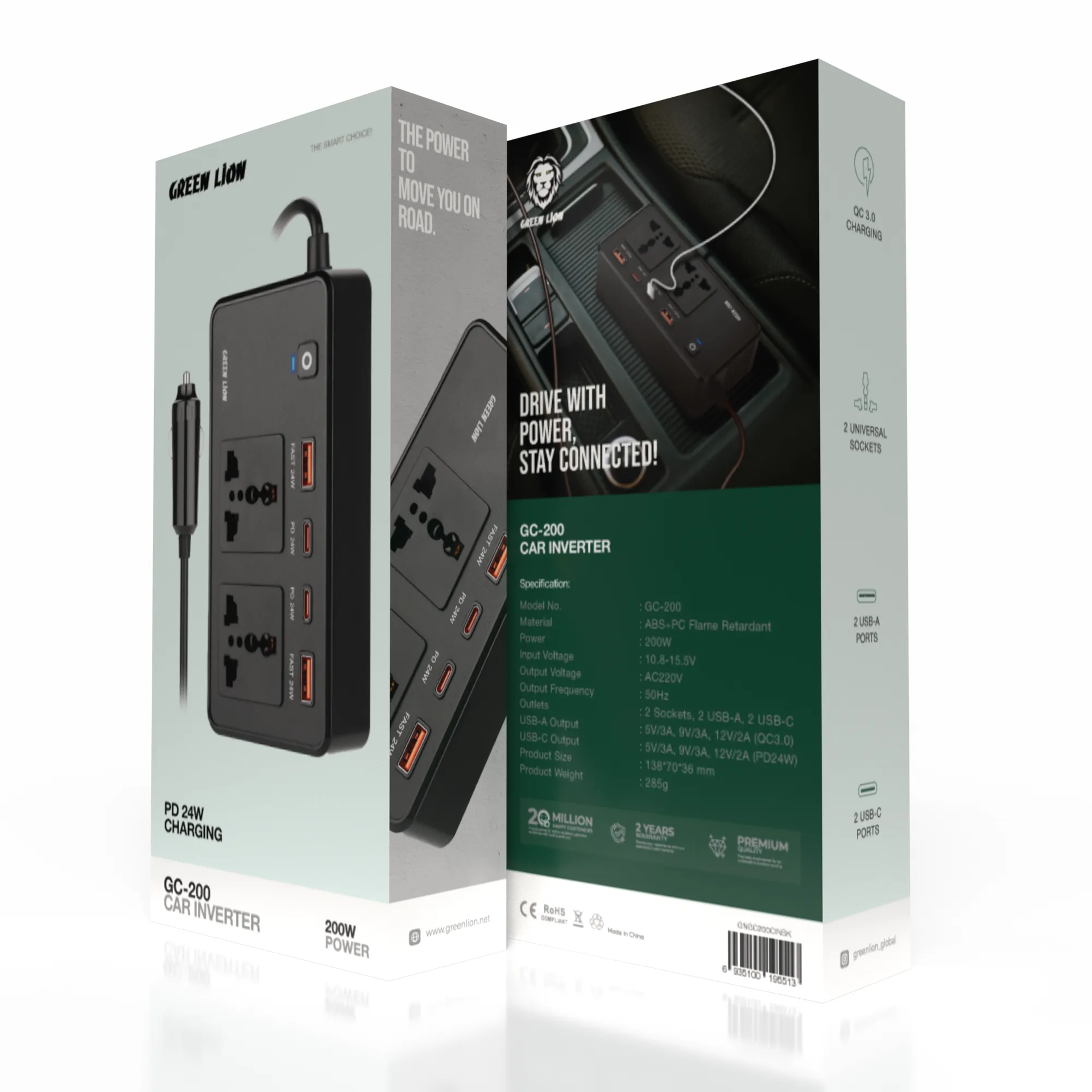 Инвертор Green Lion GC-200, для автомобиля, 12 В, 200 Вт, черный