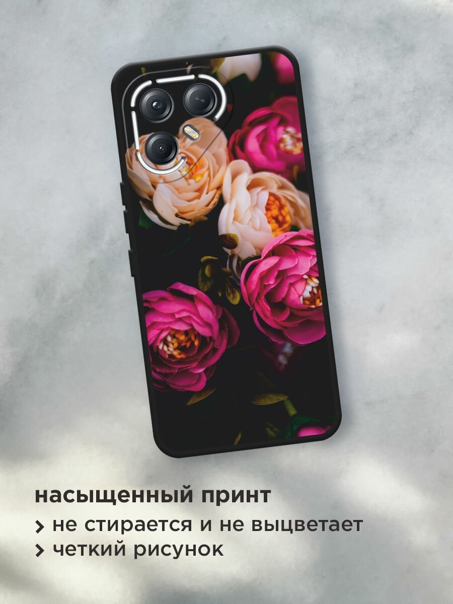 Черный матовый чехол на Tecno Pova 7 Ultra / Текно Пова 7 Ультра с принтом "Розовые пионы на черном" — фото 1