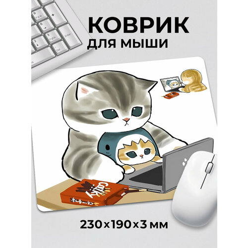 фото Коврик для мышки мем прикол котик с ноутбуком котик акула c тканевой поверхностью, на нескользящем резиновом основании