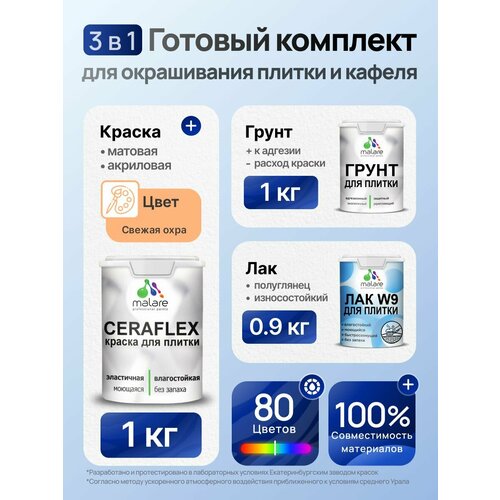 фото Комплект malare для окрашивания плитки и кафеля (1кг грунт + 1кг краска + 0,9кг лак), без запаха, полуглянцевый, цвет сырая охра