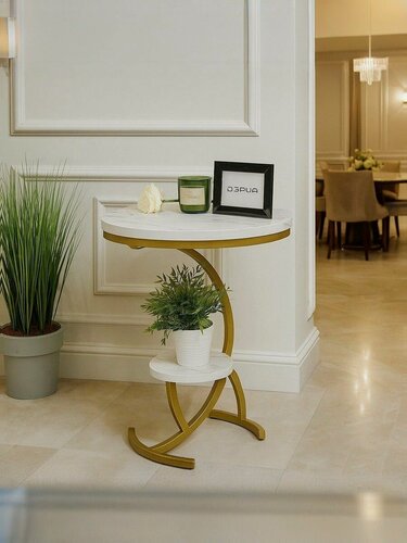 Изображение товара Стол журнальный , металлический каркас, круглый, с полкой, цвет белый мрамор