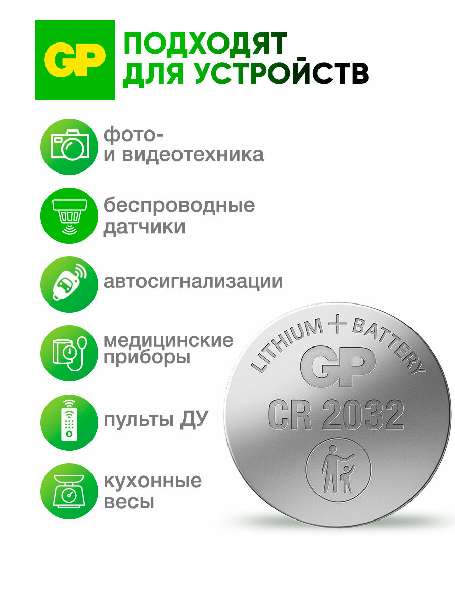 Батарейки литиевые дисковые таблетки GP Lithium CR2032, 3 В, набор 20 шт — фото 1