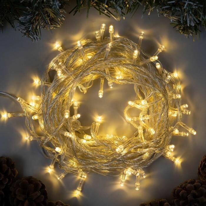 Гирлянда новогодняя Luazon Lighting "Нить", 10 м, IP20, прозрачная, 100 LED, свечение теплое белое, 8 режимов, 220 В