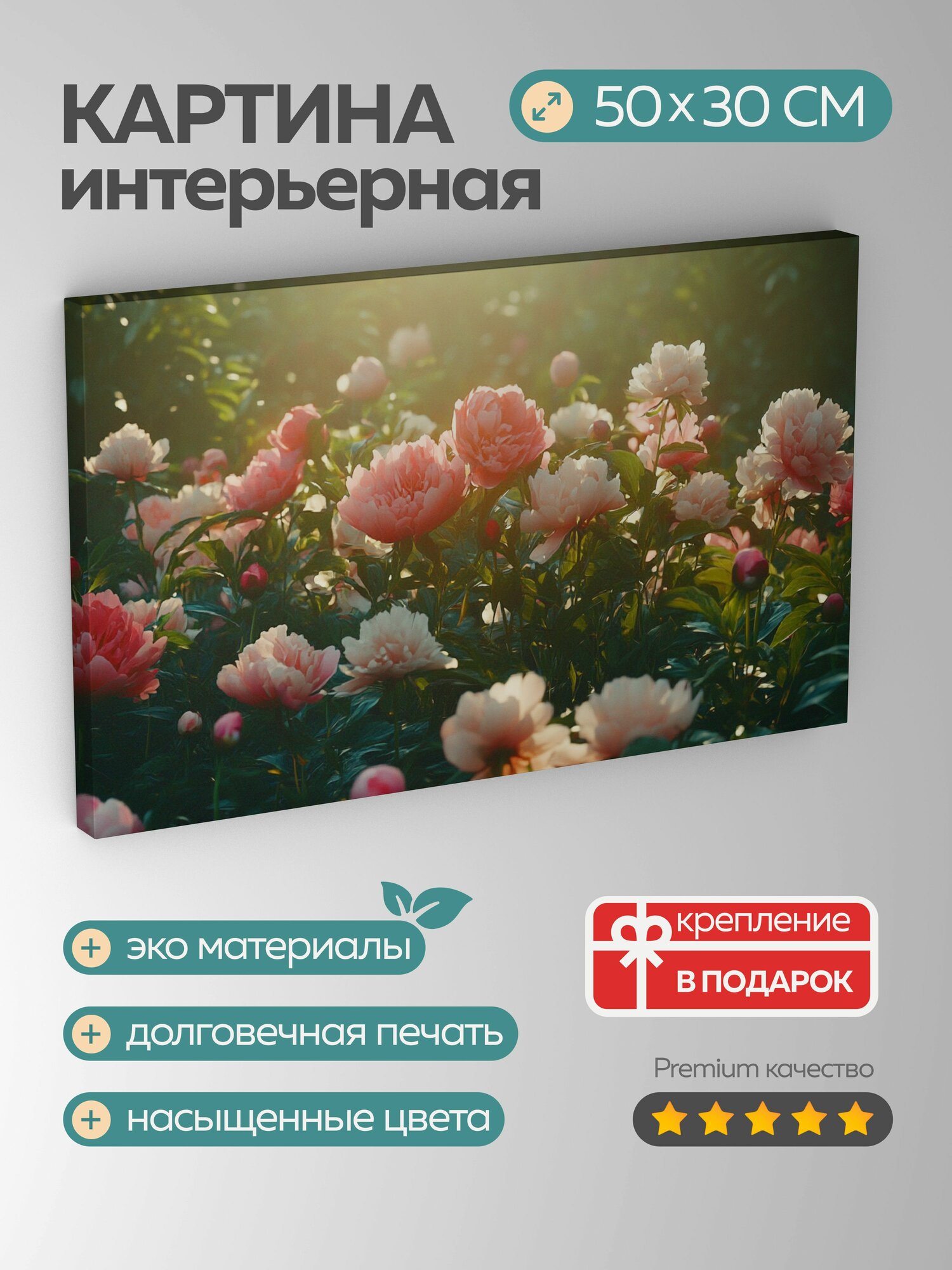 Картина на холсте интерьерная 50х30 см Сад пионов цветение разнообразие цветов высокое разрешение мягкий свет