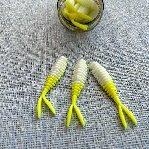 Силиконовая приманка для форели Креветка 55 мм, 10 шт в банке, аттрактант Сыр, цвет Белый-Лимонный