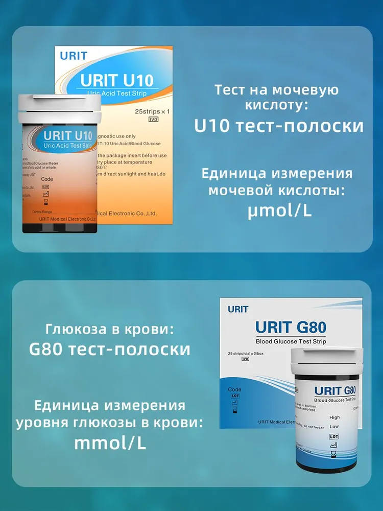 Изображение 2 в 1 для контроля мочевой кислоты и сахара в крови. Быстро, точно, удобно
