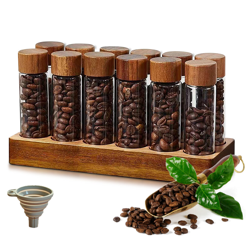 Single Dose Coffee Bean Storage 12 Tubes Multipurpose Portable Container Cellar with Walnut Wood Display Stand and Funnel 2oz