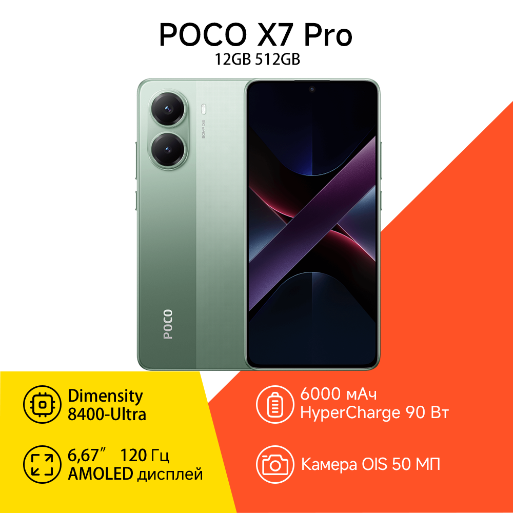 Смартфон Xiaomi Poco X7 Pro 5G Green 12/512 GB, Глобальная версия зеленый