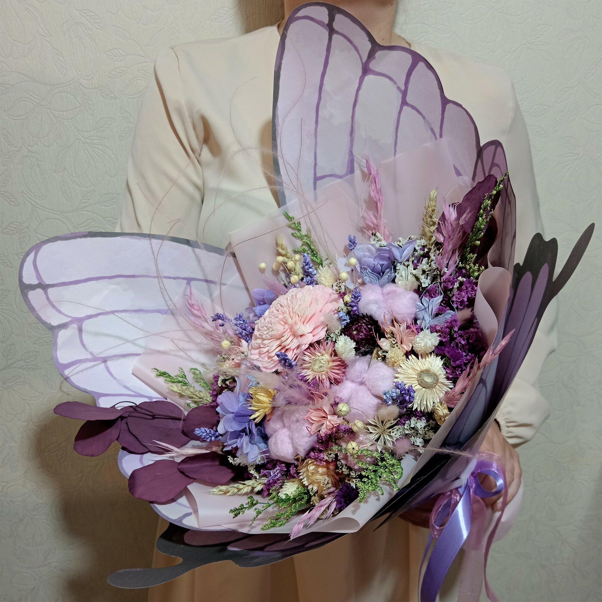 Букет из сухоцветов Floral Accord "Бабочка", стабилизированные цветы, сиреневый, 30x35 см