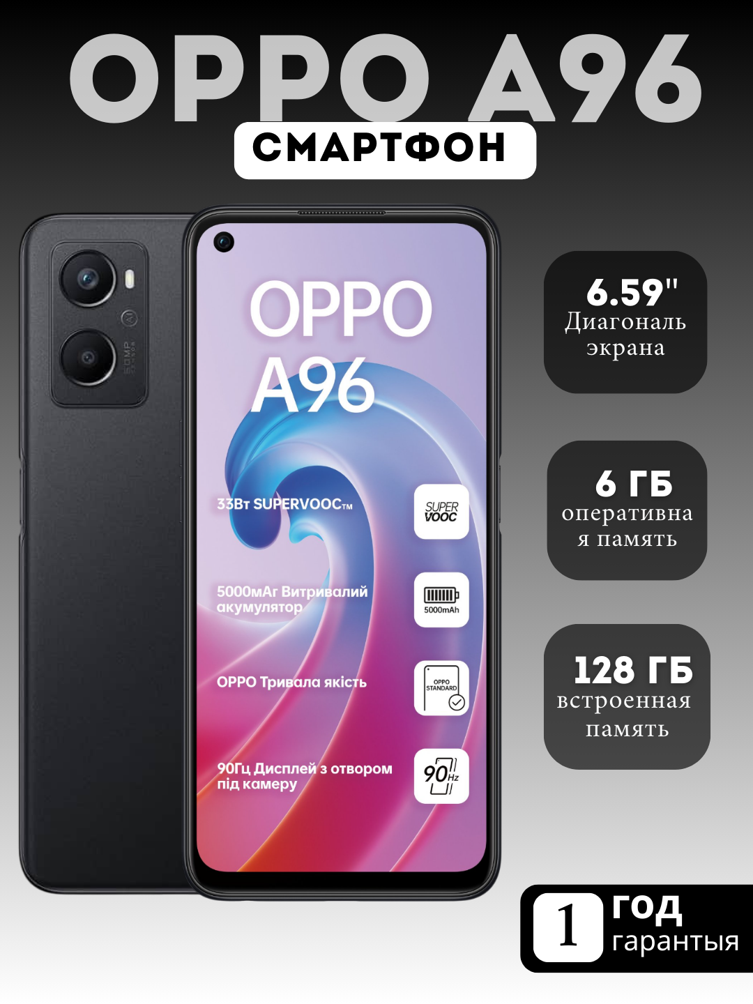 Смартфон OPPO A96, диагональ 6,59", 6/128GB, NFC, GPS, Android 11, черный