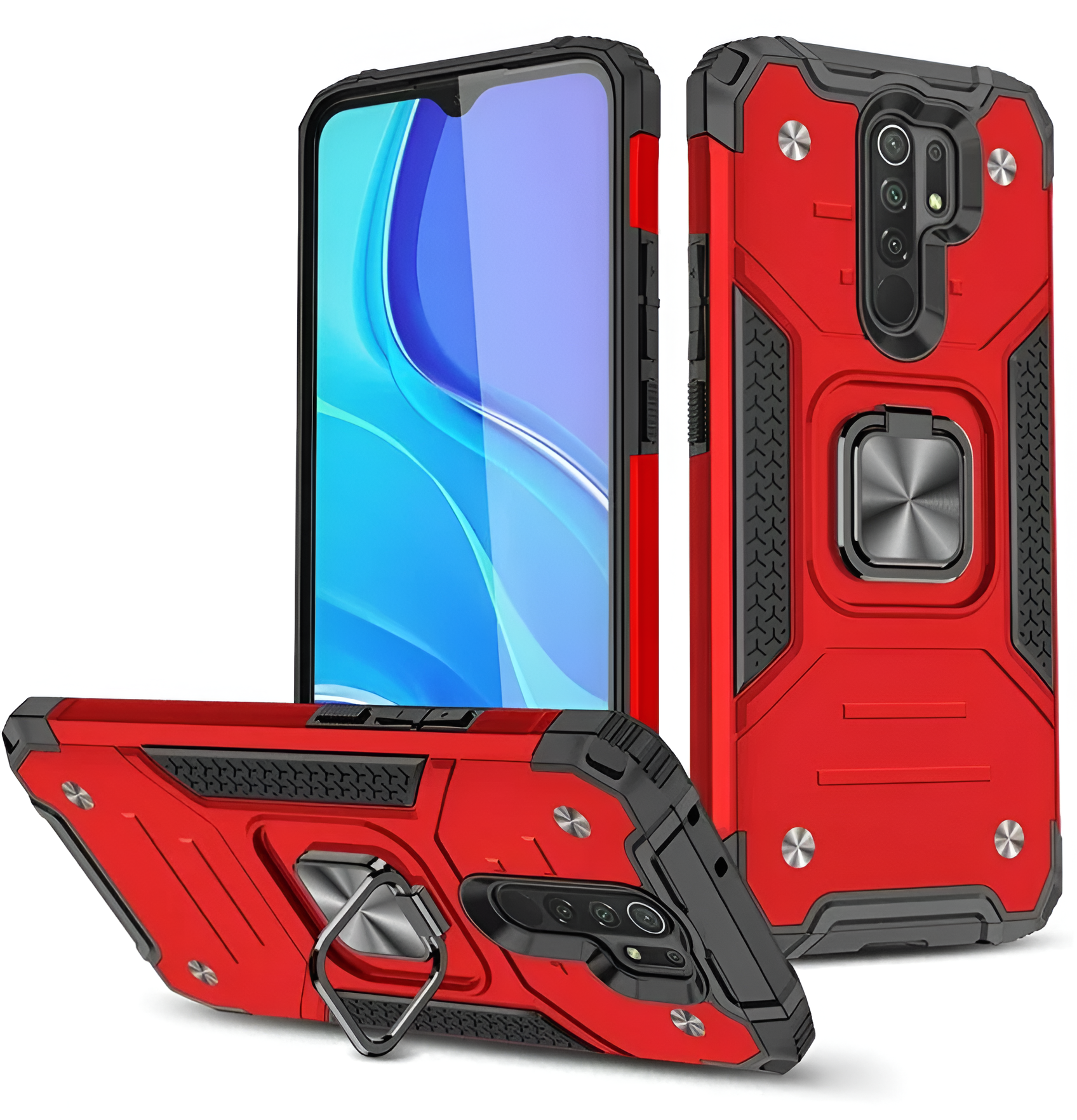 Противоударный чехол для Xiaomi Redmi 9 красный с пластиной для магнитного автодержателя и кольцом подставкой